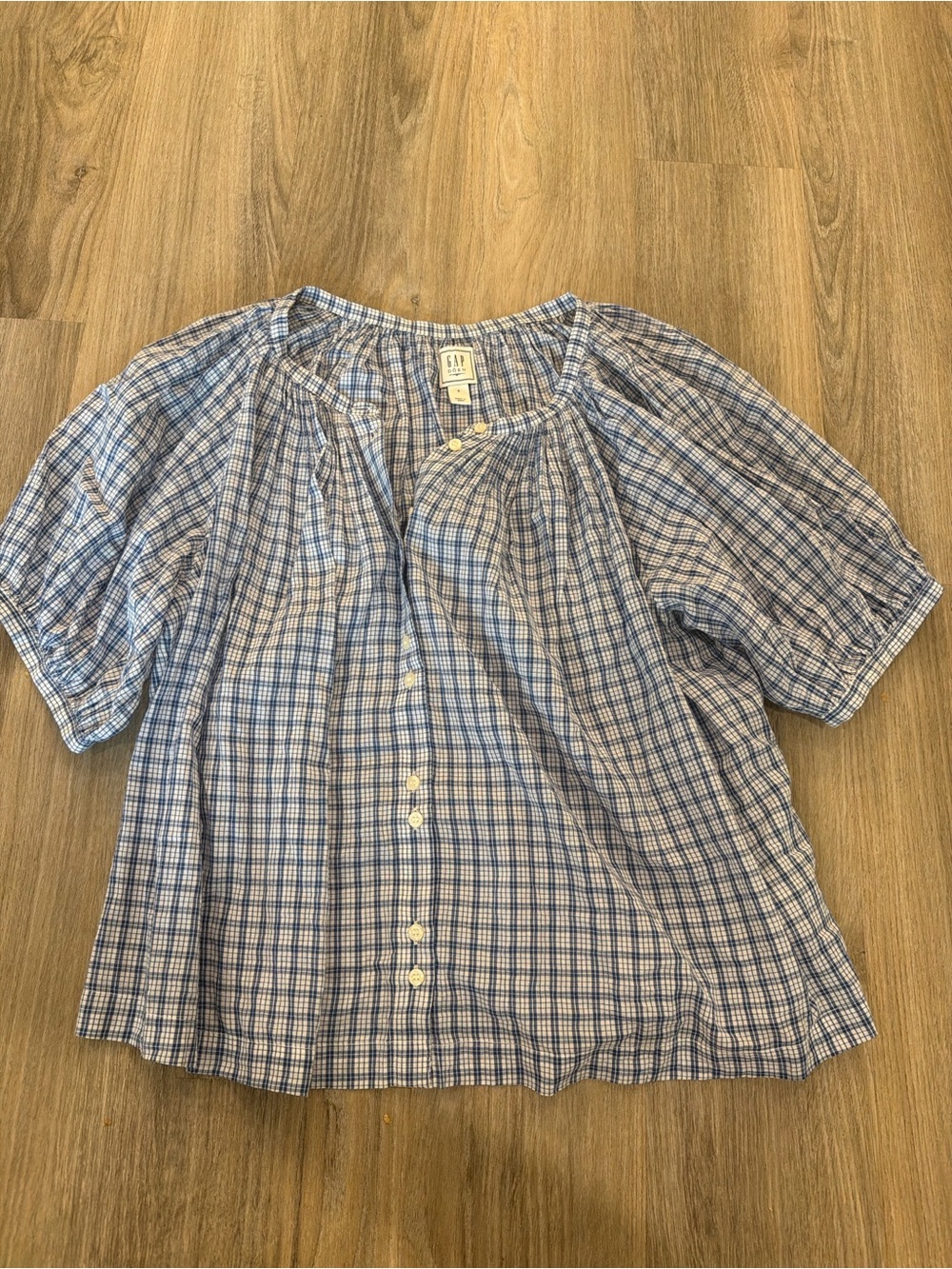 GAP X DOEN Blue Plaid Button-Front Peasant Top